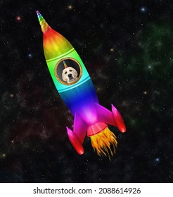 A Dog Unicorn Labrador Flies Inside A Rainbow Space Rocket Among The Stars.