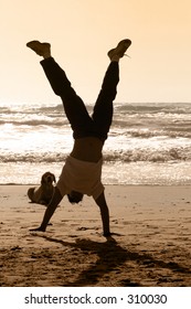 Dog Watching A Boy Doing Handstand On The Beach