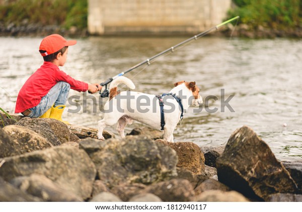 Dog watching his kid owner angling fish with\
fishing rod in river on summer\
day