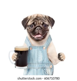 Dog Worker In Jeans Dungarees With Dark Beer. Isolated On White Background.