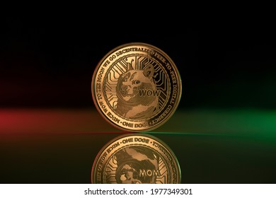 Doge cryptocurrency physical coin placed on reflective surface and lit with green and red lights - Shutterstock ID 1977349301