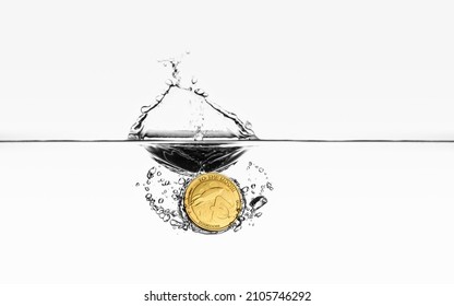 Dogecoin coin water splash. DOGE water dive isolated on white gradient. Dogecoin reverse back side