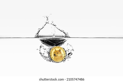 Dogecoin coin water splash. DOGE water dive isolated on white gradient. Dogecoin obverse front side