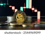 Dogecoin cryptocurrency and graphic statistical background