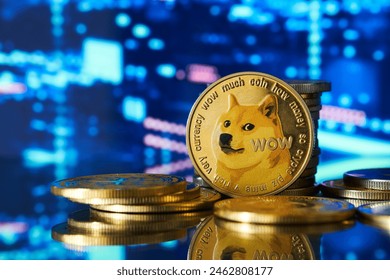Dogecoin golden cryptocurrency and blue graph background with quote data