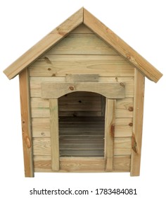 A doghouse with a gable roof, made of yellow laid horizontally wooden planks inserted into each other and fastened with screws. The object is isolated on a white background. - Shutterstock ID 1783484081