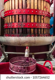Dogliani, Piedmont, Italy - September 22, 2012: Wine press at work in the cellar of a wine producer in Langhe, the largest wine region in Piedmont (Unesco World Heritage Site).
