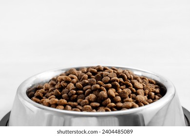 Dogs' food in metal a plate. Dry animal feed in a bowl close up. Dry food for puppies or dogs in a small bowl. Pets feed. Balanced food, pet store. - Powered by Shutterstock