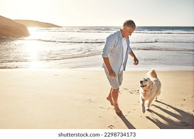 Dogs love the beach and whats not to love. a mature man taking his dog for a walk on the beach. - Powered by Shutterstock