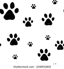 Dog's paws seamless pattern. Cat paws hand drawn pattern. Pet paws background