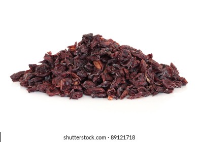 Dogwood Fruit Herb Used In Traditional Chinese Herbal Medicine Isolated Over White Background. Shan Zhu Yu.