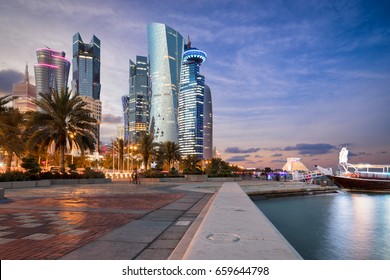 Doha City Center And Corniche Street At Sunset, Qatar