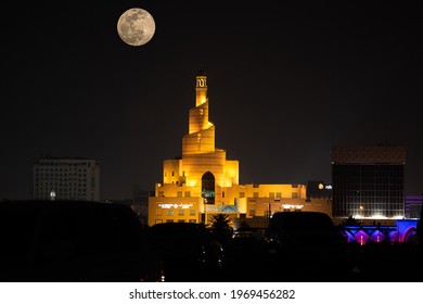 Doha, Qatar- 26th April 2021: Pink Supermoon Rises Over Doha City. High ISO Grainy Image.