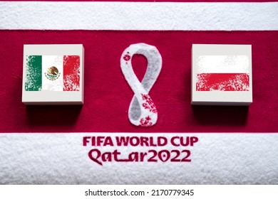 DOHA, QATAR, 3. JULY: Group C: Mexico vs Poland, Stadium 974, Doha, FIFA World Cup in Qatar 2022, Football match with national flags, banner with edit space. Soccer wallpaper