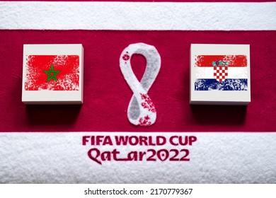 DOHA, QATAR, 3. JULY: Group F: Morocco Vs Croatia, Al Bayt Stadium, Al Khor, FIFA World Cup In Qatar 2022, Football Match With National Flags, Banner With Edit Space. Soccer Wallpaper