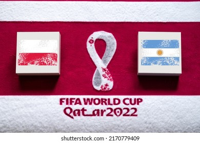 DOHA, QATAR, 3. JULY: Group C: Poland vs Argentina, Stadium 974, Doha, FIFA World Cup in Qatar 2022, Football match with national flags, banner with edit space. Soccer wallpaper