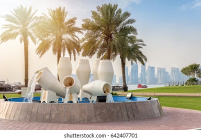 DOHA, QATAR - 3rd April 2017: Jar Fountain At The Corniche Street Near The Museums Park