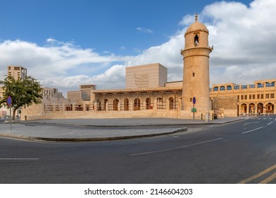 Doha, Qatar - April 15, 2022:  Al Ahmad Mosque in Doha. Islamic religion building. Souq Wakif is the popular traditional market in Doha