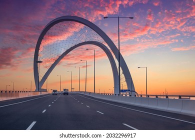 Doha, Qatar - August 25, 2021: Al Wahda Bridge The Tallest Monument of City. known as 56 Bridge of Arch