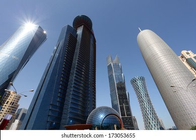 DOHA, QATAR - DEC 14: Skyscrapers in the new Doha downtown district Al Dafna. December 14 2013 in Doha, Qatar, Middle East