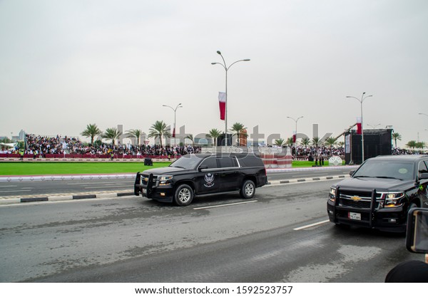 DOHA, QATAR - DEC 19 2019: Qatar National Day is\
a national commemoration of Qatar\'s unification in 1878. It\'s\
celebrated annually on 18 December. Taken on the 18th December\
2019, national day\
parade.