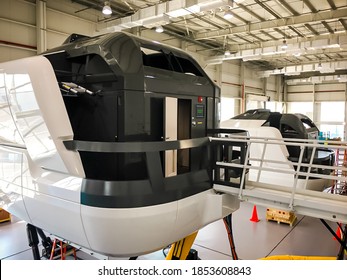 Doha, Qatar- December 2019: CAE Full-flight Simulator In The Training Centre For Pilot Training.