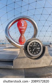 Doha, Qatar - December 2021: The FIFA World Cup Qatar 2022 Official Countdown Clock, powered by Hublot, was unveiled on Sunday 21 November at Doha’s picturesque Corniche Fishing Spot.