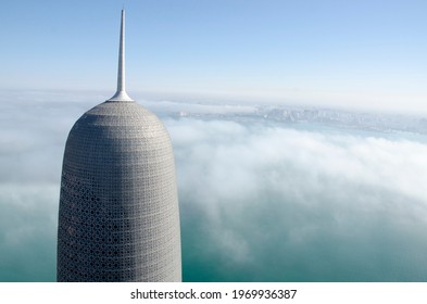 Doha, Qatar - December 28, 2016: Burj Doha Tower is an iconic high rise tower located in West Bay, Doha, Qatar.