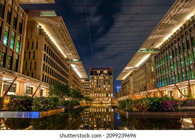 Doha, Qatar - December 31, 2021: Night view of Building Architecture of Mushreib Downtown Doha