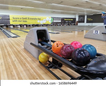 Doha, Qatar- Feb 27 2020. A view of bowling balls on receiving deck with different sizes & colors