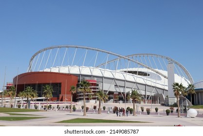 Doha, Qatar - February 07, 2019: general view of exterior of Khalifa National Stadium, the main stadium of Qatar in Aspire Park, completed and renovated, will host the 2022 FIFA World Cup.