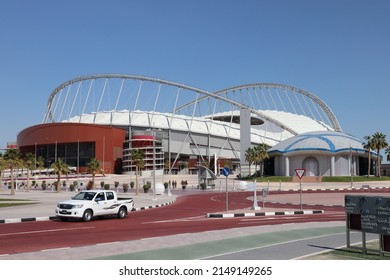 Doha, Qatar - February 07, 2019: Exterior of Khalifa National Stadium, the main stadium of Qatar in Aspire Park, completed and renovated, will host the Qatar 2022 FIFA World Cup.