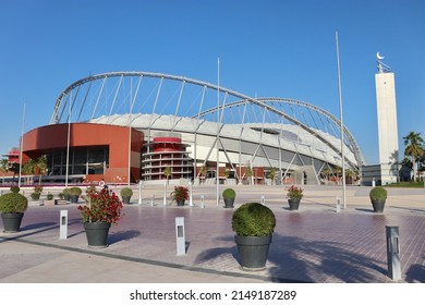 Doha, Qatar - February 07, 2019: Exterior of Khalifa National Stadium, in Aspire Park, completed and renovated, will host the Qatar 2022 FIFA World Cup. Main venue for soccer matches.
