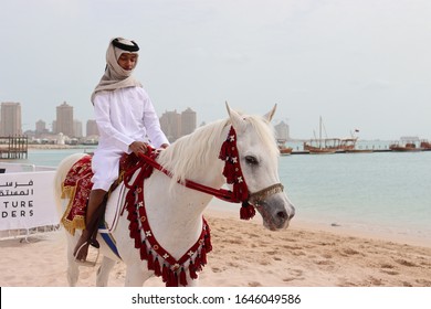 Doha, Qatar - February 2020: Traditional Arabian Horse Patrol At Katara Cultural Village, Shot During Qatar National Sports Day Event