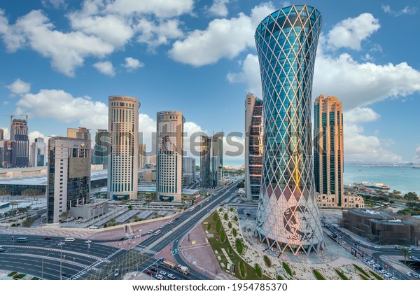 Doha, Qatar - February 2021:\
Skyscrapers in Financial District skyline in West Bay, Doha,\
Qatar