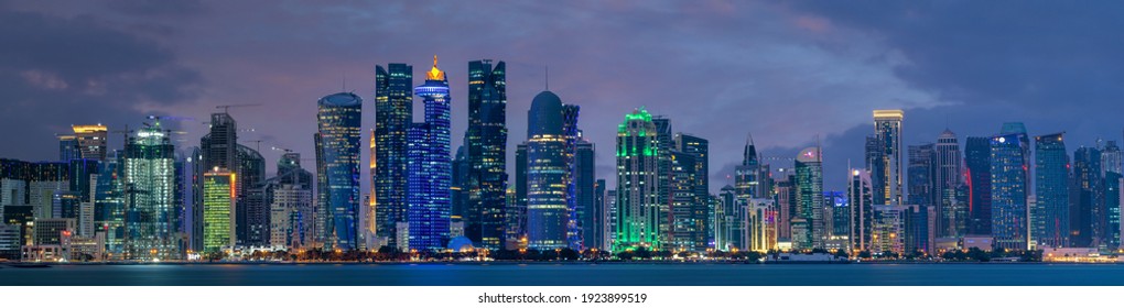Doha, Qatar - February 24, 2021: Beautiful Panoramic Skyline view of Doha city