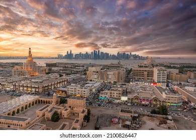 Doha, Qatar - January 91, 2022: Doha Skyline Aerial View with Fanar Mosque