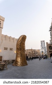 Doha, Qatar - July 2022: 'Le Pouce', A Sculpture In The Shape Of A Giant Thumb, Art Piece By Acclaimed French Artist César Baldaccini At Souq Waqif.