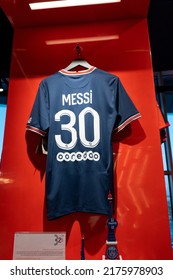 Doha, Qatar - July 2022: Lionel Messi Jersey On Display In 3-2-1 Qatar Olympic And Sports Museum. A Museum In Doha. Located In Khalifa International Stadium.