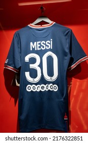 Doha, Qatar - July 2022: Lionel Messi Jersey On Display In 3-2-1 Qatar Olympic And Sports Museum. A Museum In Doha. Located In Khalifa International Stadium.