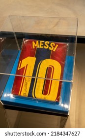 Doha, Qatar - July 2022: Lionel Messi Jersey On Display In 3-2-1 Qatar Olympic And Sports Museum. A Museum In Doha. Located In Khalifa International Stadium.