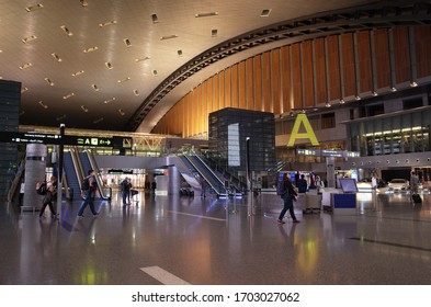 Doha / Qatar - March 26 2020: Quiet Lobby Of Hamad International Airport In Doha, Qatar During The New Coronavirus Covid-19 Pandemic.