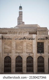 
Doha, Qatar, May,6,2019, Traditional Arabian building built of wood and mud decorated with a facade in the traditional Arabic style.
