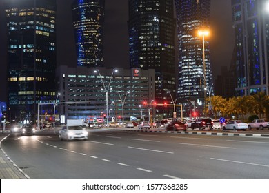 Doha, Qatar - Nov 18. 2019. Night Cityscape Downtown At Omar Al Mukhtar Street