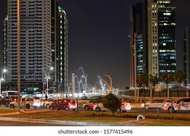 Doha, Qatar - Nov 18. 2019. Night Cityscape Downtown At Omar Al Mukhtar Street