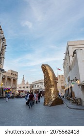 Doha, Qatar - Nov. 2021: 'Le Pouce', A Sculpture In The Shape Of A Giant Thumb, Art Piece By Acclaimed French Artist César Baldaccini At Souq Waqif.