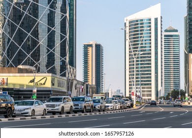 Doha, Qatar - Nov 21. 2019. Omar Al Mukhtar Street - Central Street In West Bay