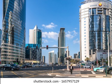 Doha, Qatar - Nov 21. 2019. Omar Al Mukhtar Street - Central Street In West Bay