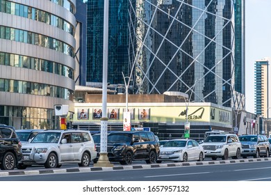 Doha, Qatar - Nov 21. 2019. Omar Al Mukhtar Street - Central Street In West Bay