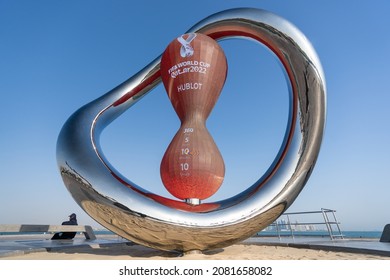 DOHA, QATAR - NOV 26, 2021: The FIFA World Cup Qatar 2022 Official Countdown Clock, powered by Hublot, was unveiled on Sunday 21 November at Doha’s picturesque Corniche Fishing Spot.